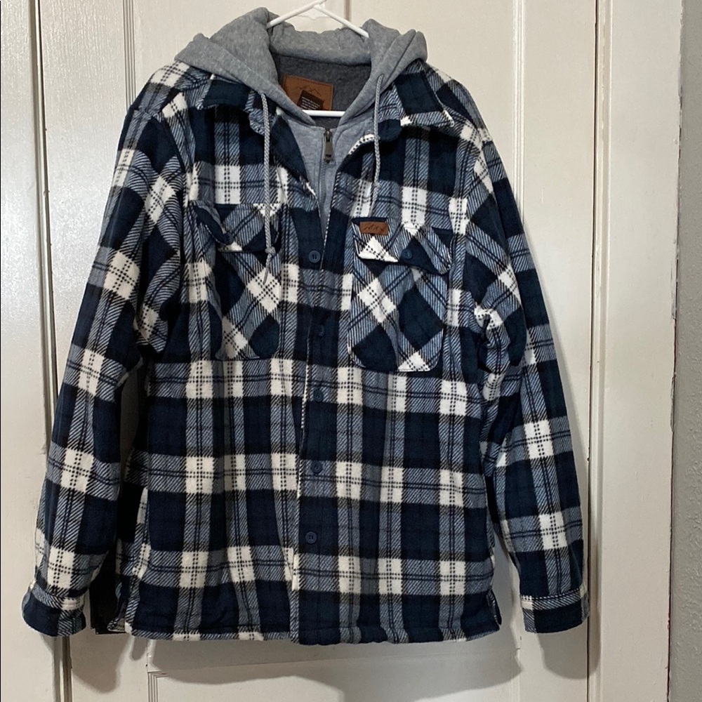 Men's Plaid Jacket with Hoodie - Blue and White